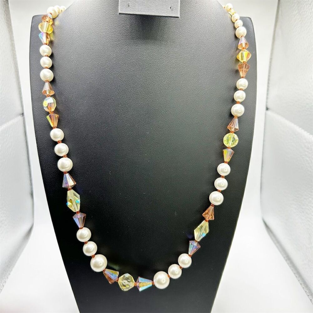 Vintage Vendome Signed Faux Pearl & Sparkle Beaded Long Necklace 28"